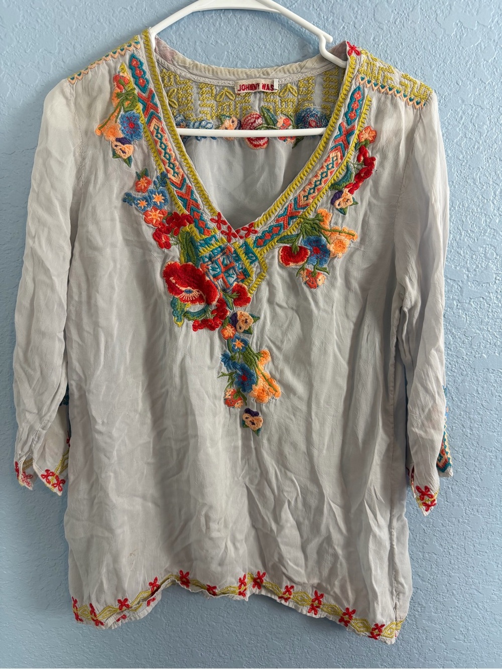 Johnny Was Grey Embroidered V-Neck Tunic